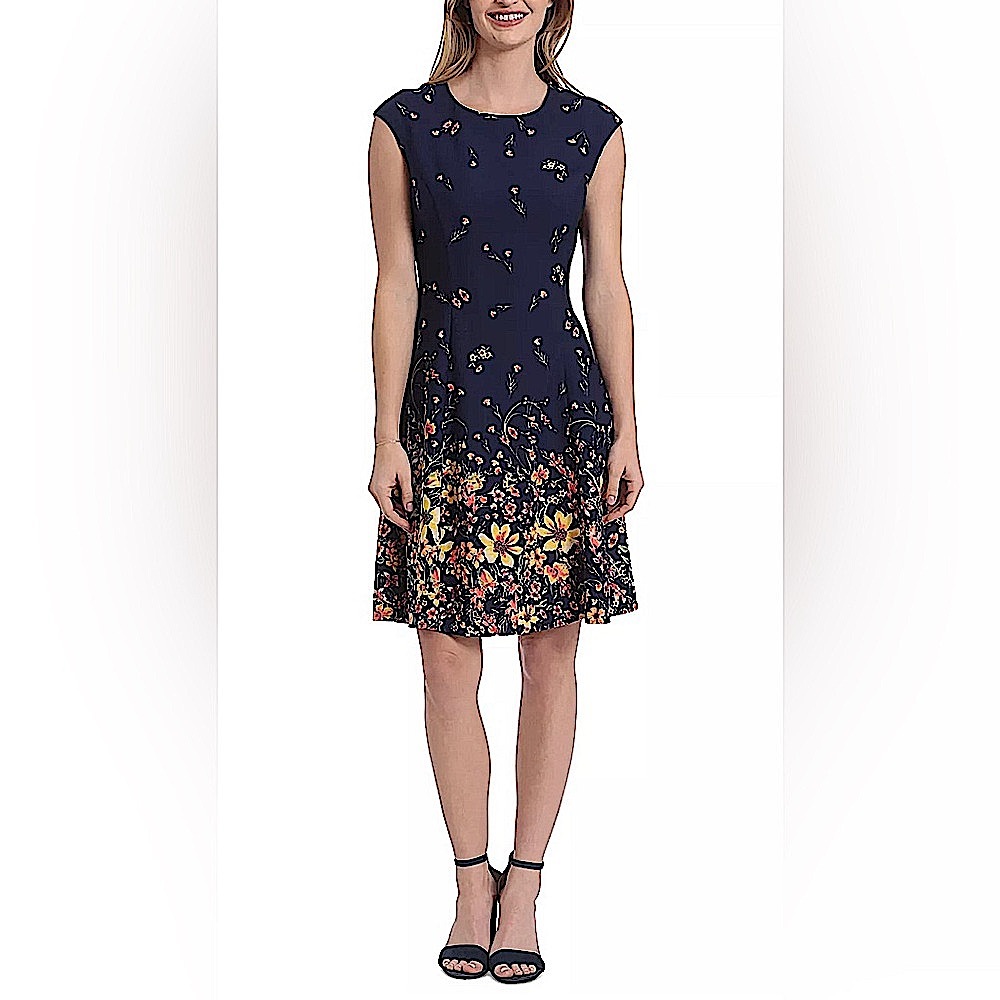 Navy and Floral Dress — By London Times, Size 10